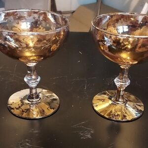 1960's  Set Of 2 Libbey Georgian 22 K Gold Splatter Champagne Glasses. 4 1/2 "